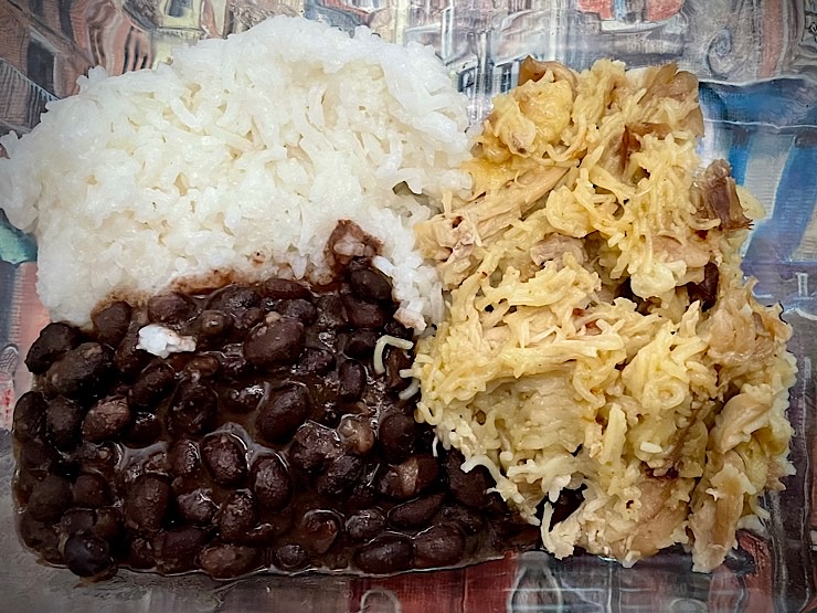 Black beans, jasmine rice, chicken thighs and legs.